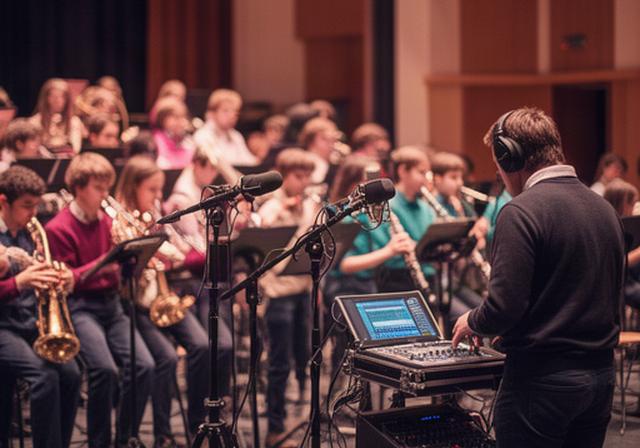 学校の音楽ホールで吹奏楽部の演奏を録音する技術スタッフとマイク機材